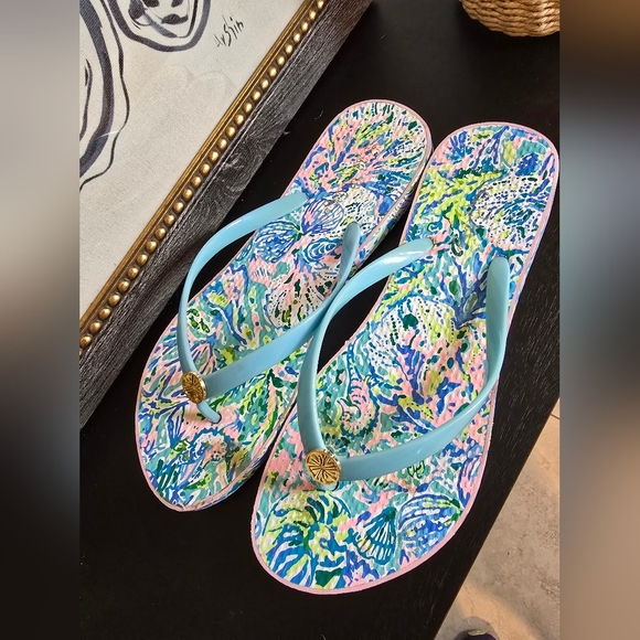 Lilly Pulitzer Women's Pool Flip Flop Surf Blue Soleil It On Me 10 - Picture 2 of 4